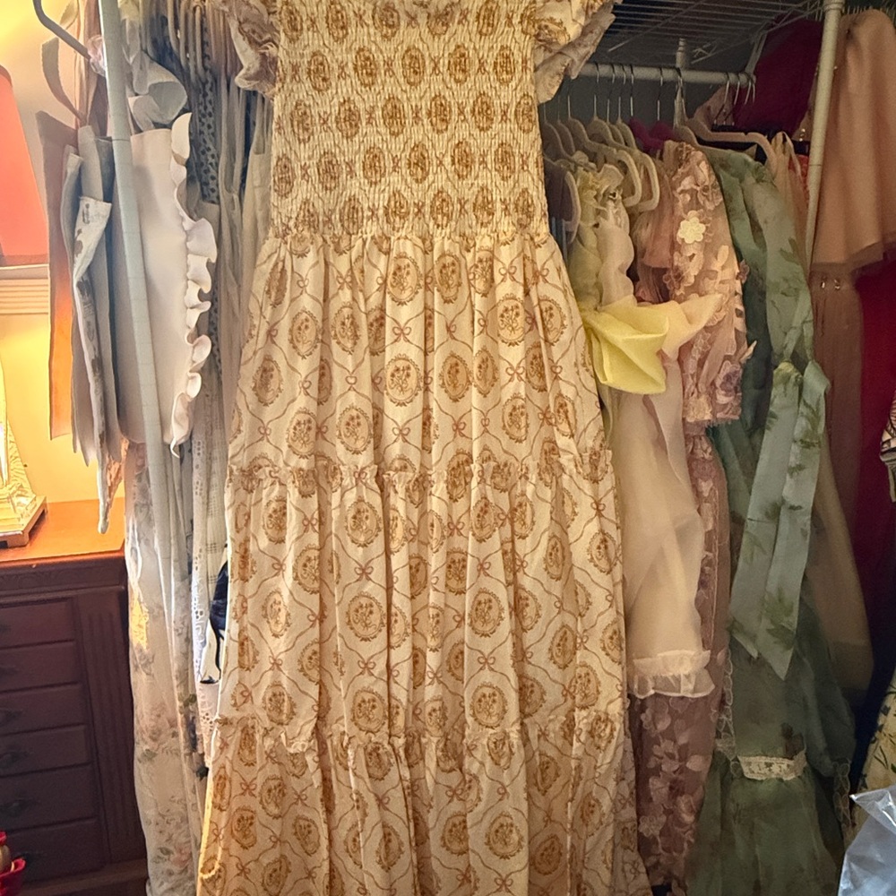 JessaKae Cream and Gold Smocked Tiered Maxi Dress